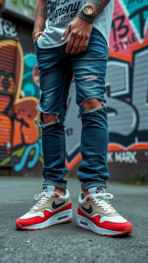 A person in Air Max 1 Curry sneakers, distressed jeans, and a graphic tee in an urban environment.